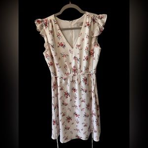Loft Outlet White Floral Mini Dress with Flutter Sleeves and Tie Waist